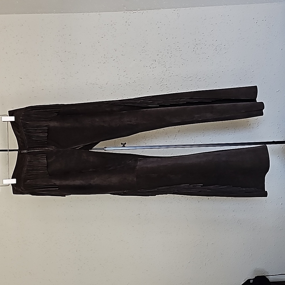 Genuine Leather Dark Brown Pants with Fringe Details Size 8 Aprox - Picture 3 of 16